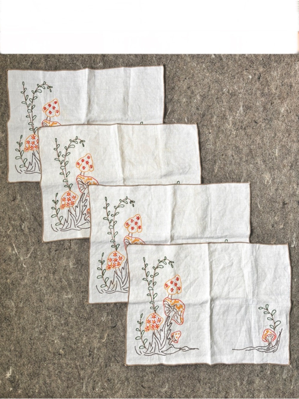1970s hand embroidered Mushrooms fabric placemats set of 4